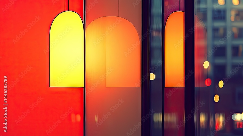Illuminated arch shaped lights hang in front of a window