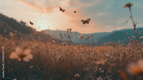 Obraz na płótnie Butterflies flutter over a wildflower meadow during a sunset w salonie