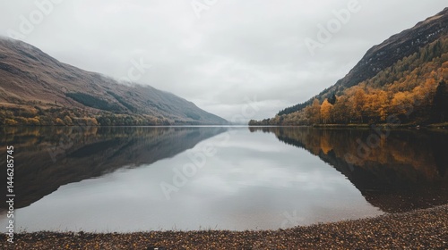 Calm lake reflects mountains under a cloudy and muted sky