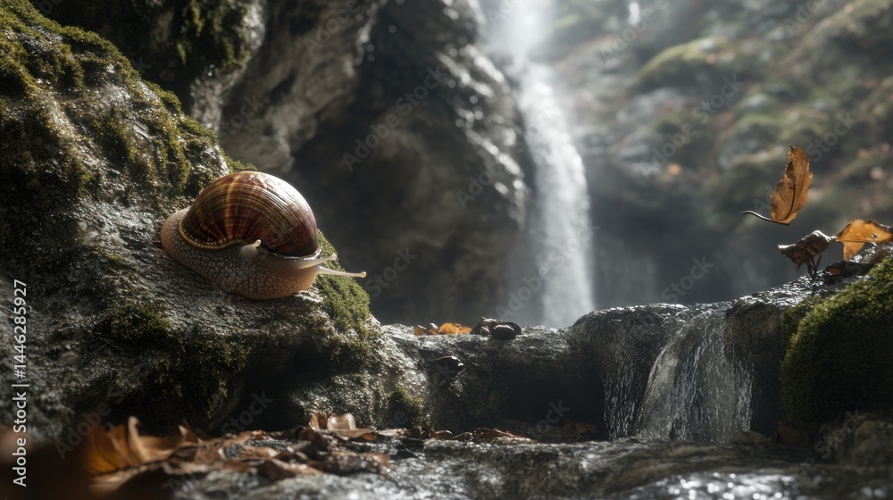 Snail resting on mossy rock with waterfall backdrop view