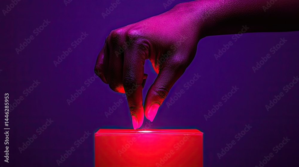 A dark hand gently touching a glowing red rectangular object