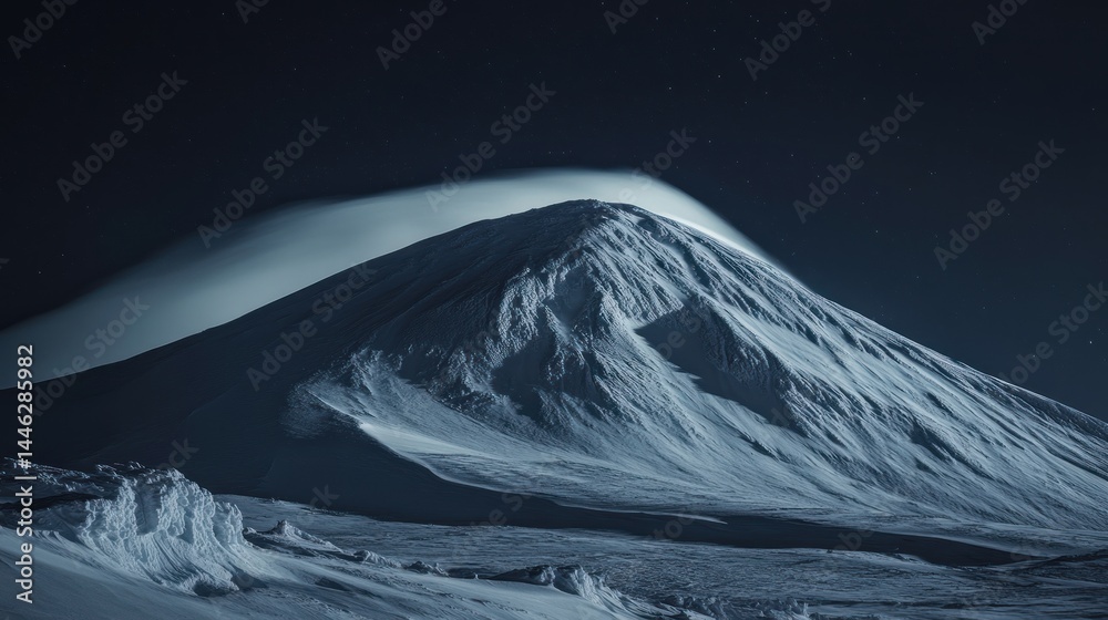 Snow covered mountain peak with lenticular cloud at night