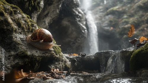 Obraz na płótnie Snail resting on mossy rock with waterfall backdrop view w salonie