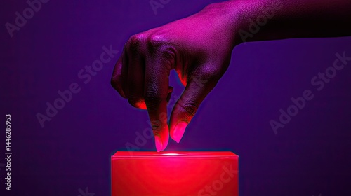 A dark hand gently touching a glowing red rectangular object