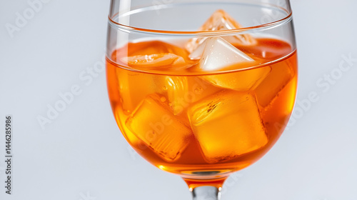amber beverage with ice cubes in a stemmed glass