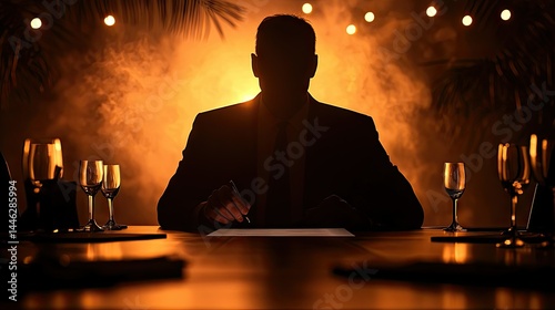 Obraz na płótnie A silhouette of a man in suit signing documents at table w salonie