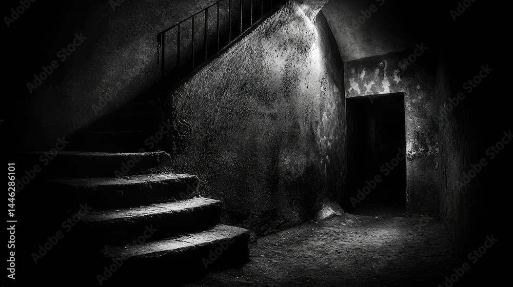 A dark concrete staircase leading into a shadowy interior space