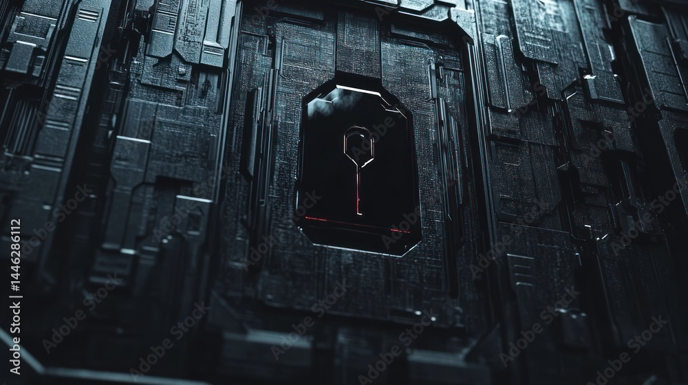 Futuristic metal wall panel with abstract key shaped symbol