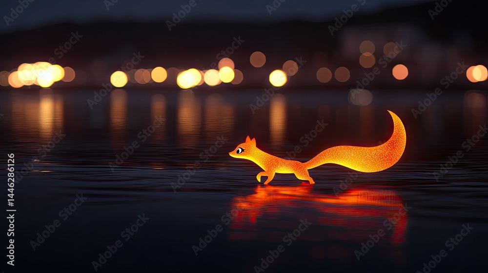A glowing squirrel walks over the water at nighttime gracefully