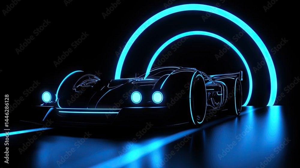 A futuristic sports car is highlighted by glowing neon blue lights