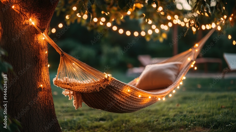 Hammock strung between trees with string lights illuminating it