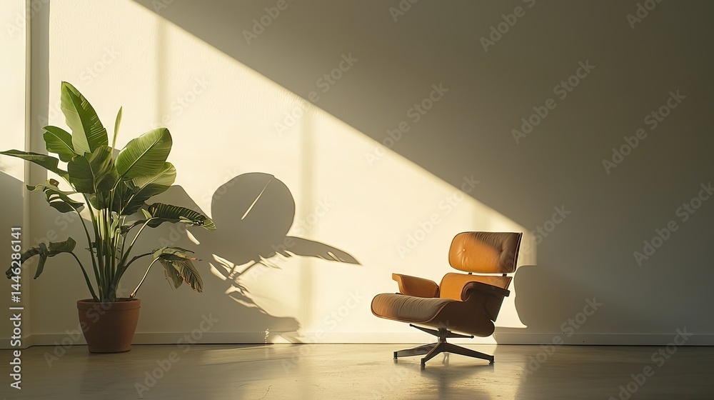 Comfortable chair and large plant casting shadows in sunny interior