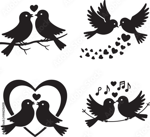 Lovebirds silhouette set vector illustration isolated On Transparent Background