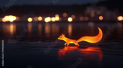 Obraz na płótnie A glowing squirrel walks over the water at nighttime gracefully w salonie
