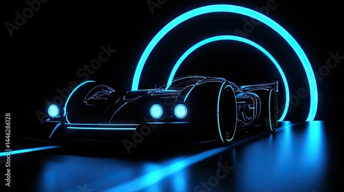 Obraz na płótnie A futuristic sports car is highlighted by glowing neon blue lights w salonie