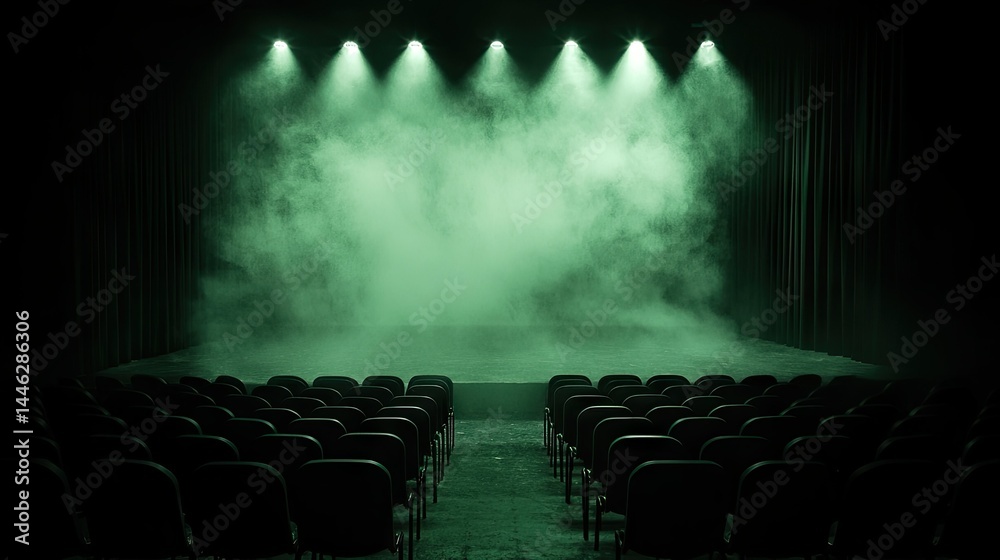 Stage with rows of seats obscured by misty green light