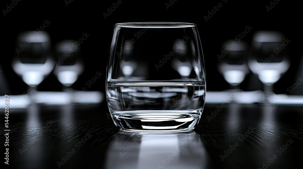 A close up of a water glass with other blurry glasses