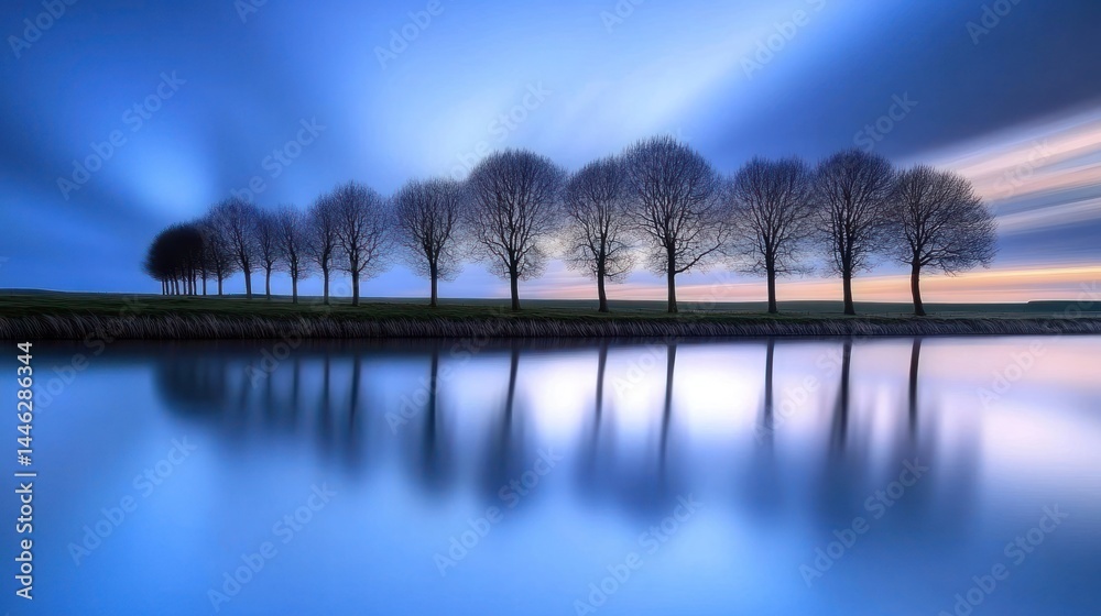 Row of bare trees reflected perfectly in tranquil blue water
