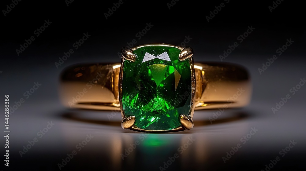 A gorgeous golden ring featuring a large faceted green gemstone