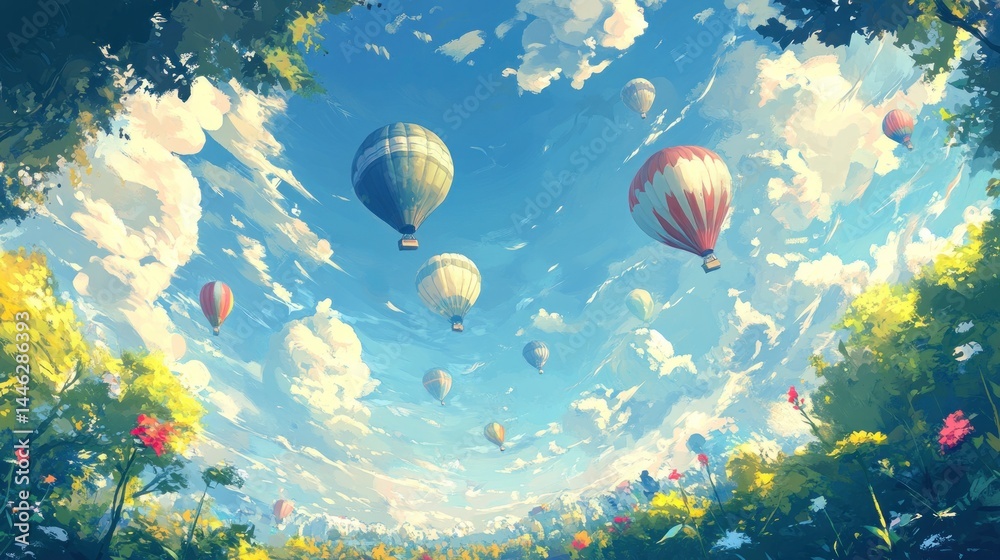 Hot air balloons float serenely above a lush landscape