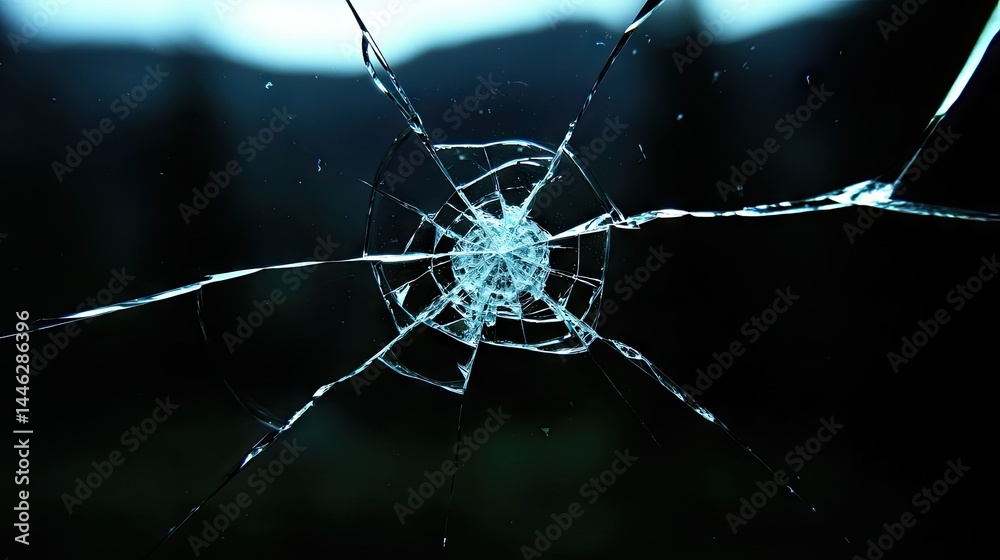 A detailed close up showing a fractured glass pane surface