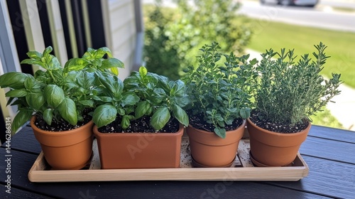 Obraz na płótnie Potted basil oregano and thyme herbs sit on wooden tray w salonie