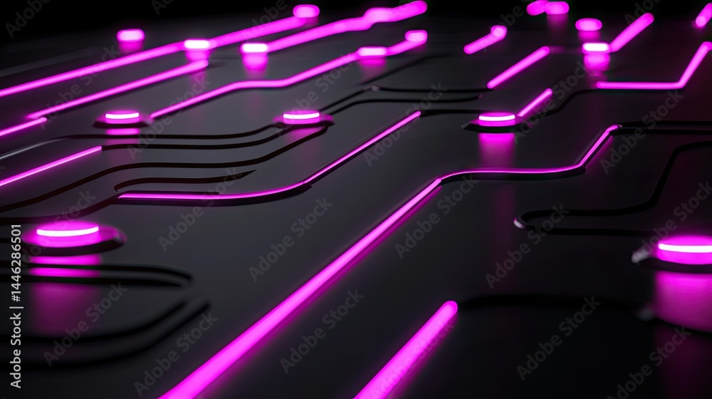 An illuminated circuit board design with glowing purple lines present