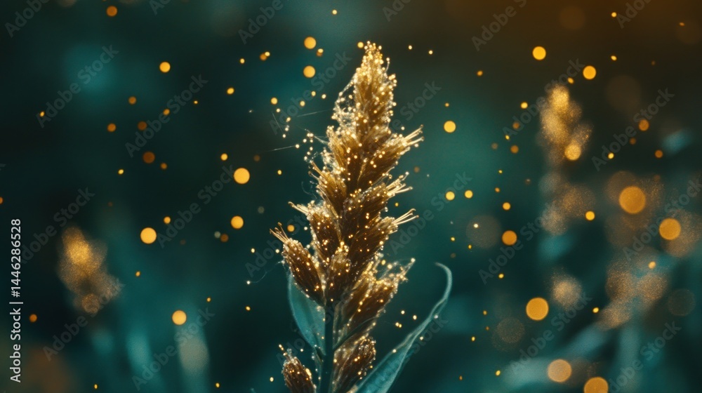 Golden wheat stalk glows in a field with bokeh lights