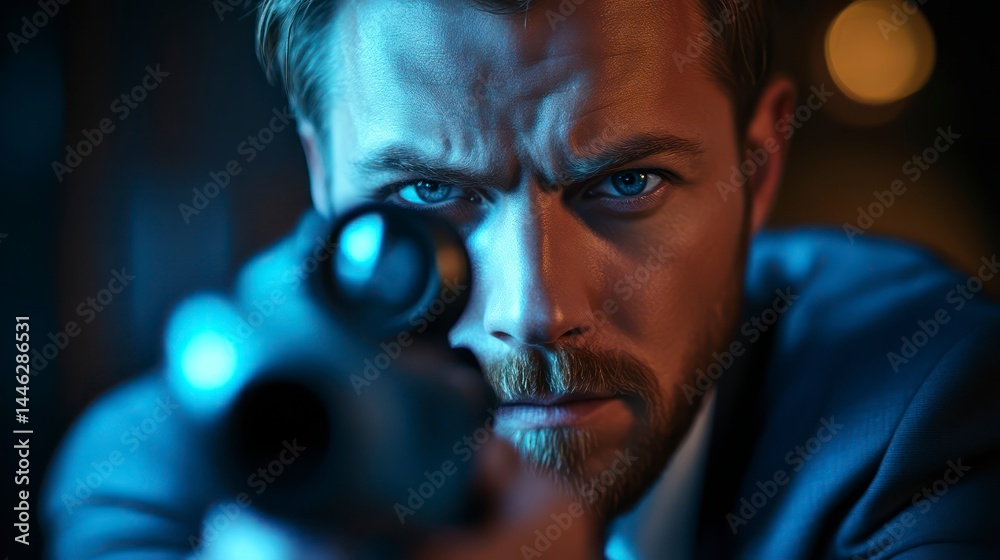 Intense Focus A Man with a Sniper Rifle in LowLight Conditions Dramatic Lighting and High T Intense Focus A Man with a Sniper Rifle in LowLight Conditions Dramatic Lighting and High T