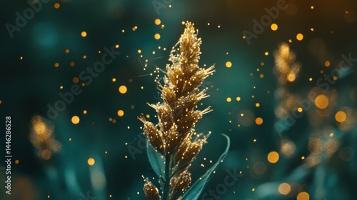 Obraz na płótnie Golden wheat stalk glows in a field with bokeh lights w salonie