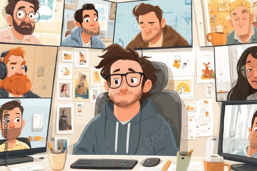 Cartoon Character Attending a Virtual Meeting from Home Office with Coworkers on Multiple Screens Online