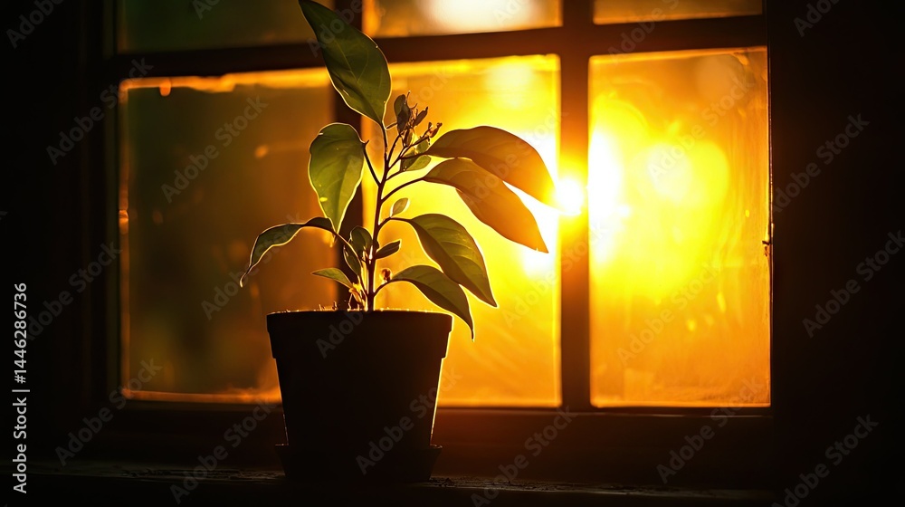 A small plant sits in front of a bright sunny window