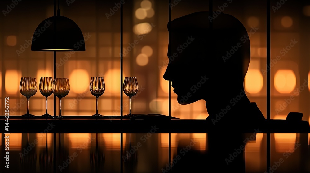 A silhouetted figure seated at a table with wine glasses