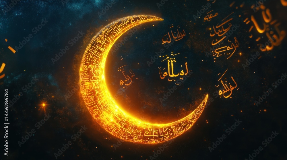 Crescent moon composed of Arabic calligraphy shines in the dark