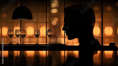 Obraz na płótnie A silhouetted figure seated at a table with wine glasses w salonie