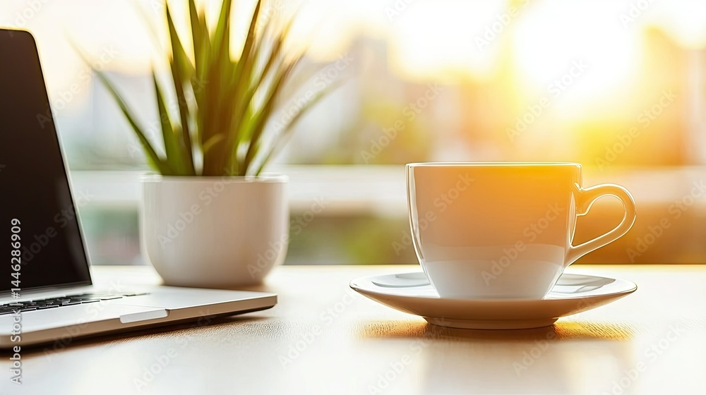 A coffee cup sits near a laptop in a sunny workspace