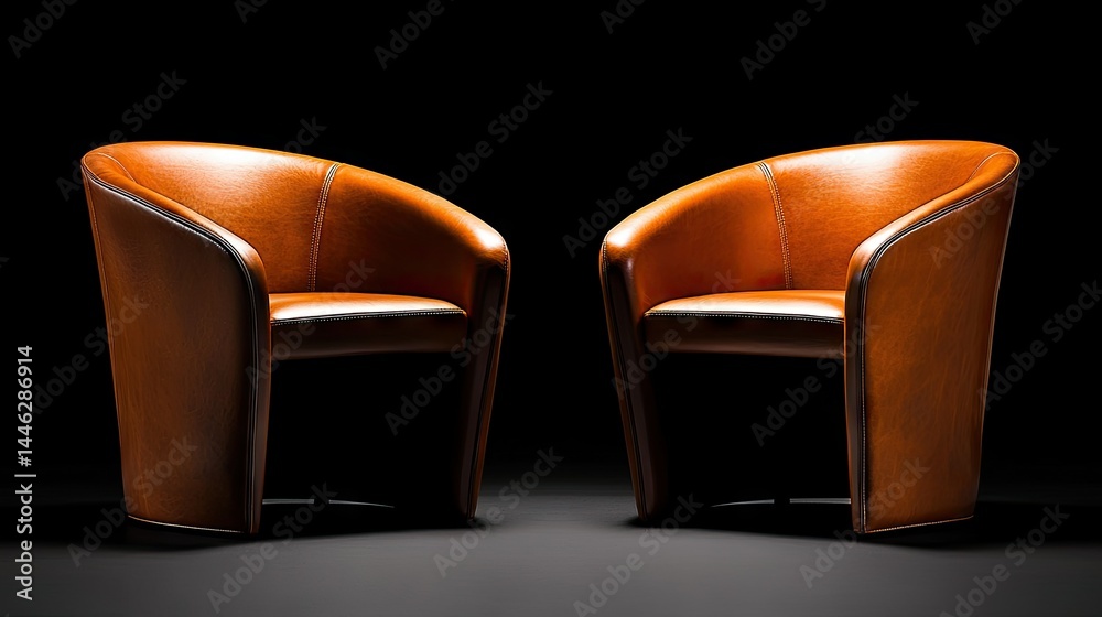 Two leather chairs are displayed against a dark background