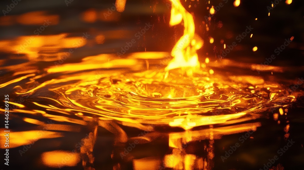 Golden liquid splash creates ripples and droplets in dark background