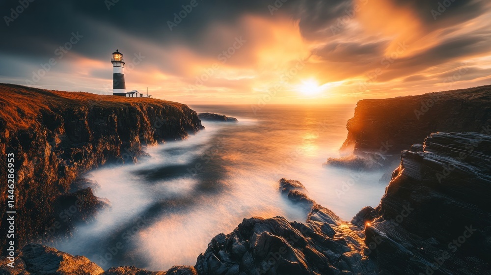 Striking lighthouse atop a rocky cliff at vibrant sunset