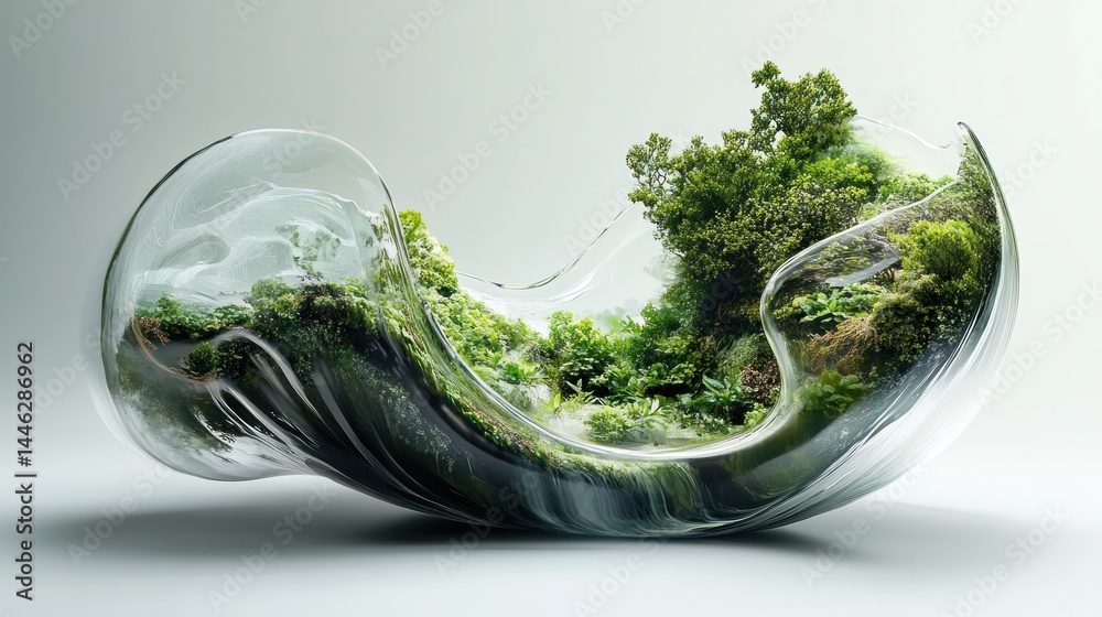 Lush green ecosystem encased within a fluid clear glass structure