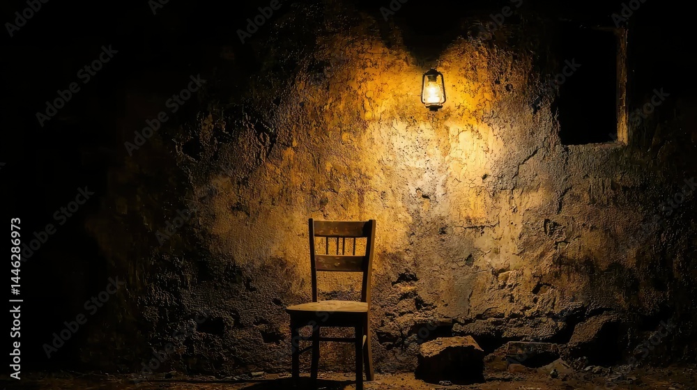 A lone wooden chair illuminated by a hanging oil lamp