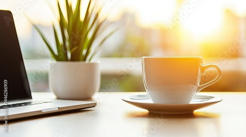 Obraz na płótnie A coffee cup sits near a laptop in a sunny workspace w salonie