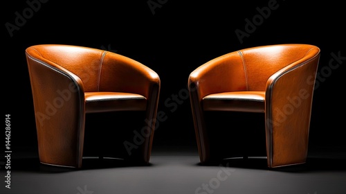 Two leather chairs are displayed against a dark background