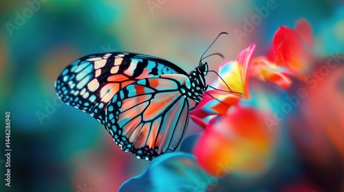 Butterfly with striking colorful wings rests upon vibrant flowers