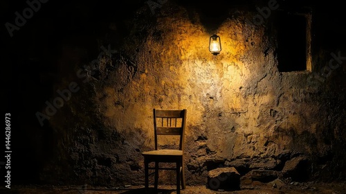 A lone wooden chair illuminated by a hanging oil lamp