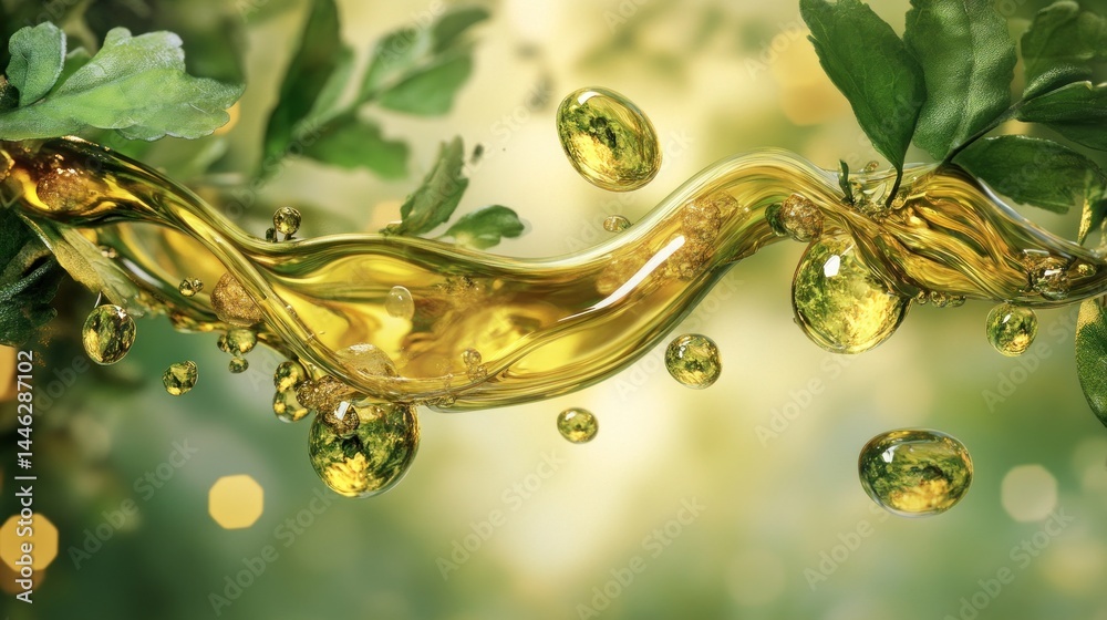 Golden liquid flows among leaves and floating spherical droplets