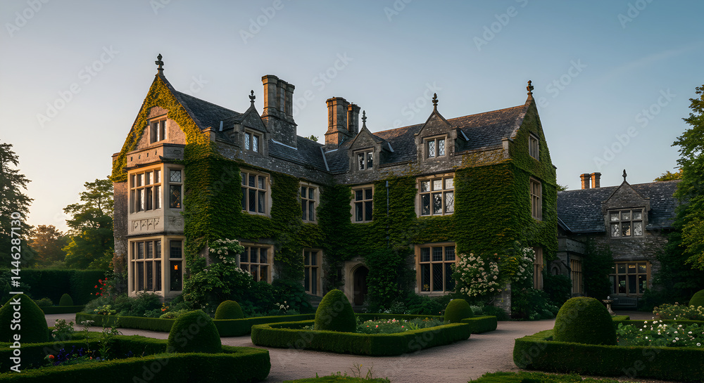 Elegant Mansion Covered in Ivy With Landscaped Gardens at Dusk Elegant Mansion Covered in Ivy With Landscaped Gardens at Dusk