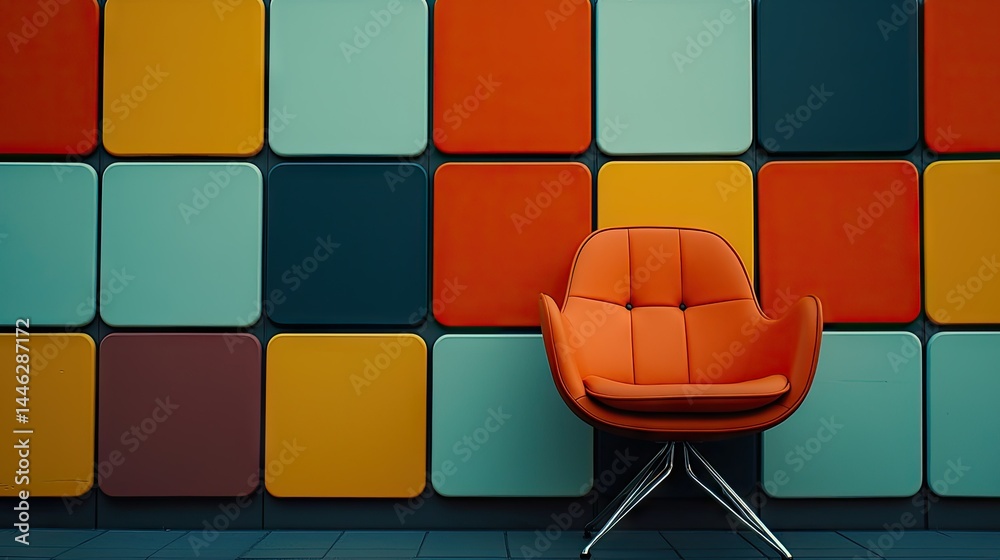 An orange chair sits against a colorful square panel background