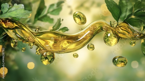 Obraz na płótnie Golden liquid flows among leaves and floating spherical droplets w salonie