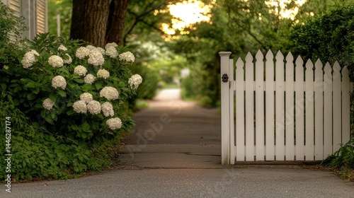 Obraz na płótnie A white picket fence opens to a pathway with flowers and trees w salonie